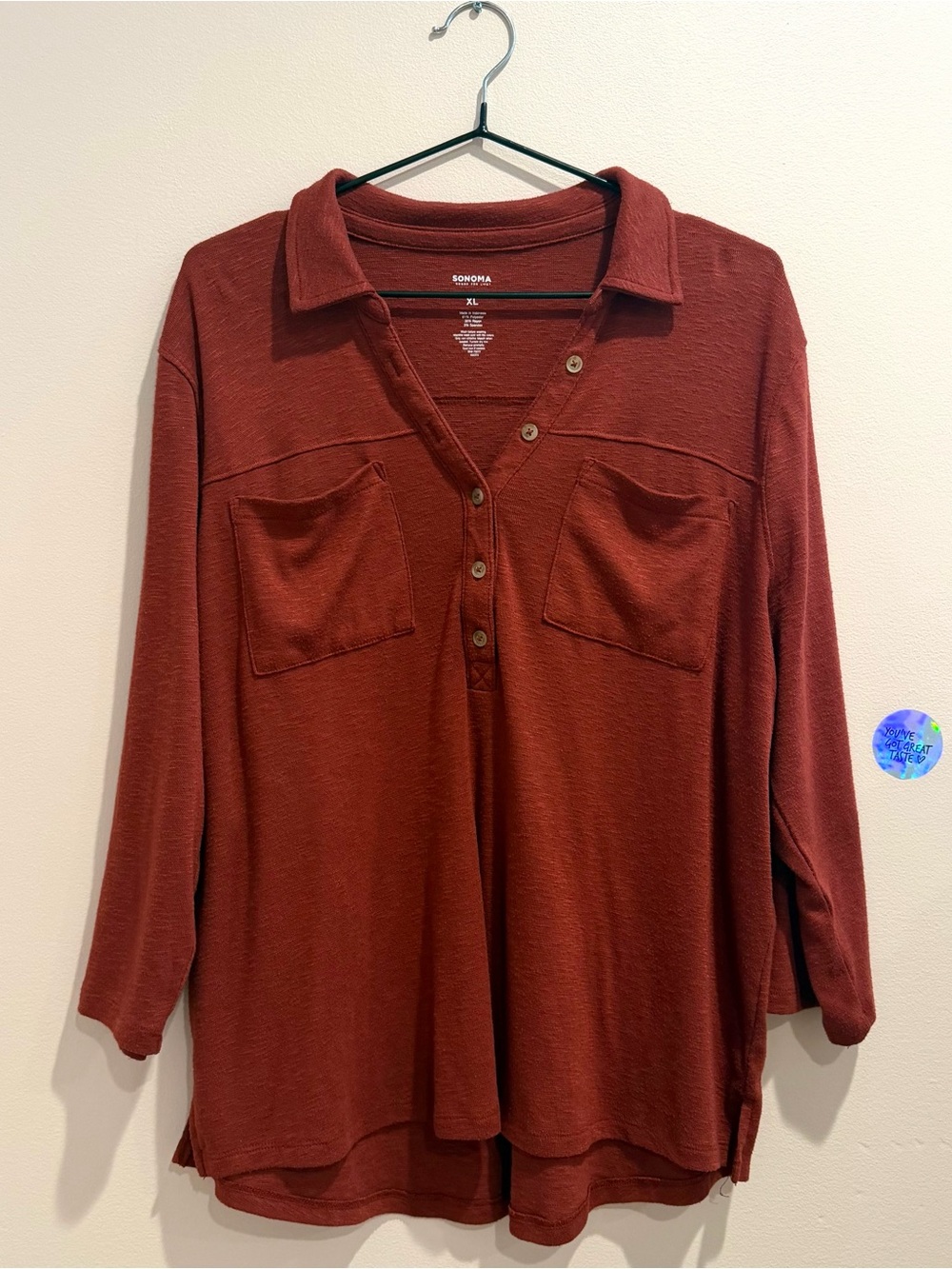 Women's V-Neck Minimalist Collar Buttons Pockets Front Relaxed Blouse XL